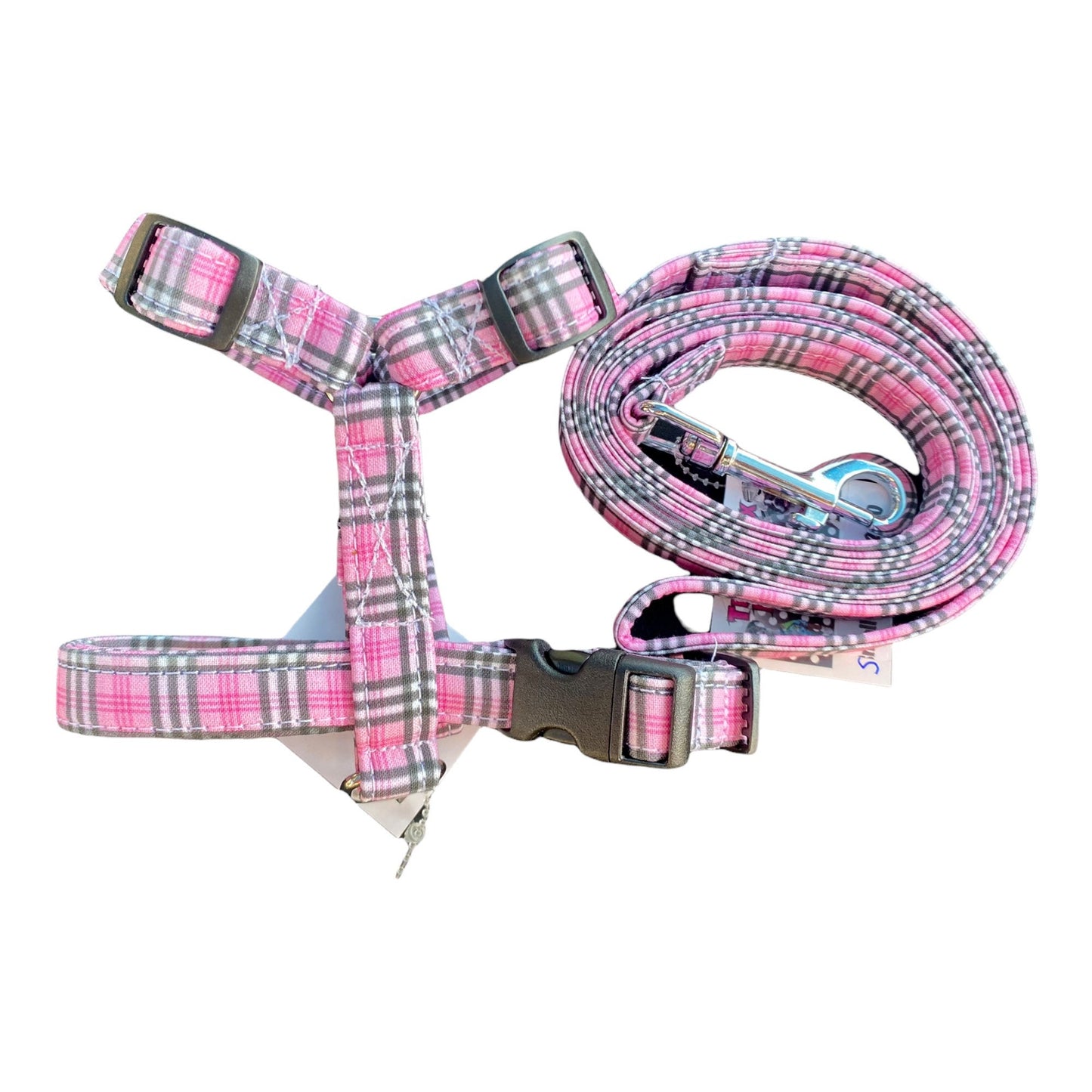 Pink plaid dog harness and leash set, matching poop bag dispenser, adjustable dog harness, step in dog harness, standard Roman dog harness