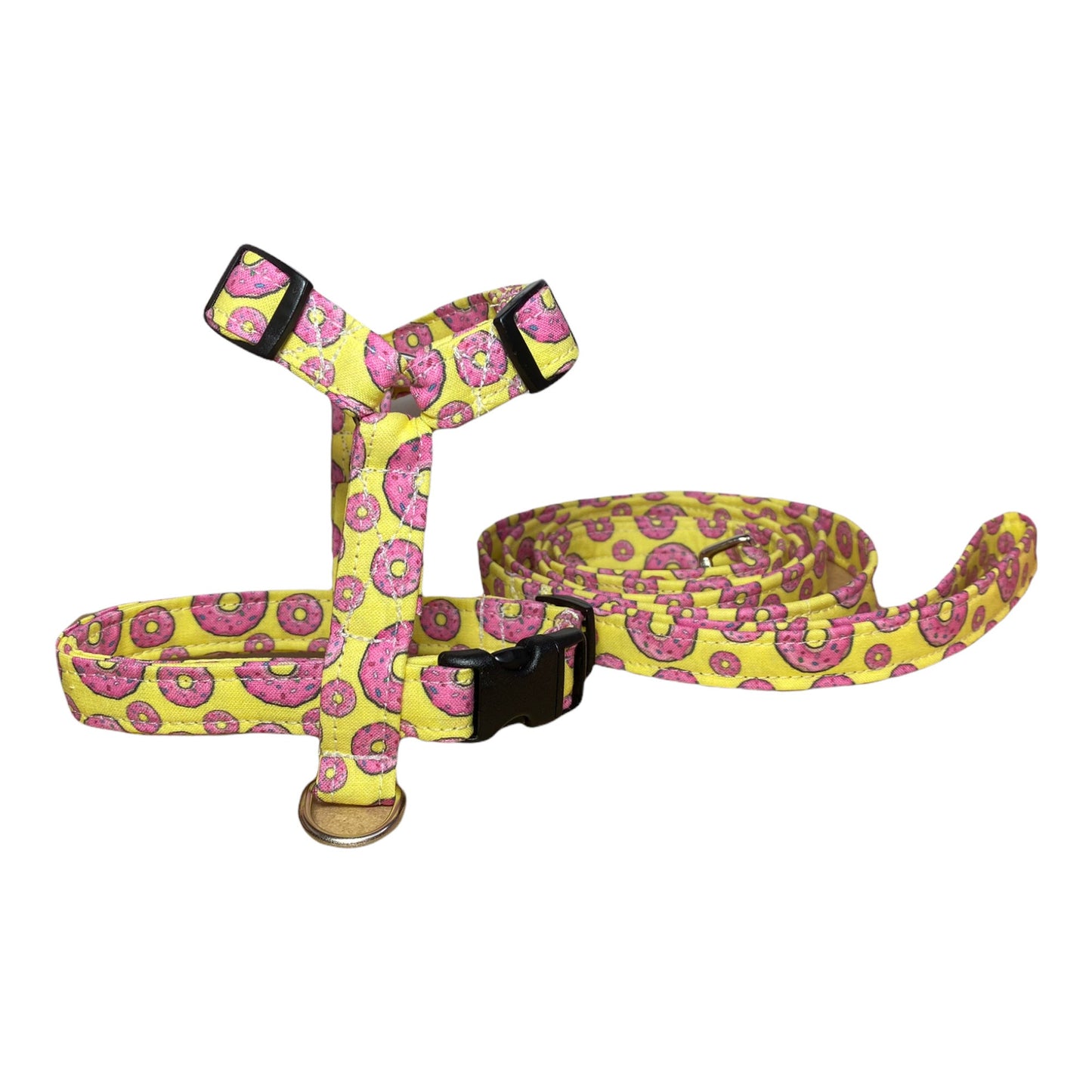 Donut harness and leash set, dog harness and leash set, standard Roman harness, step in harness, yellow, pink, adjustable, washable, donuts