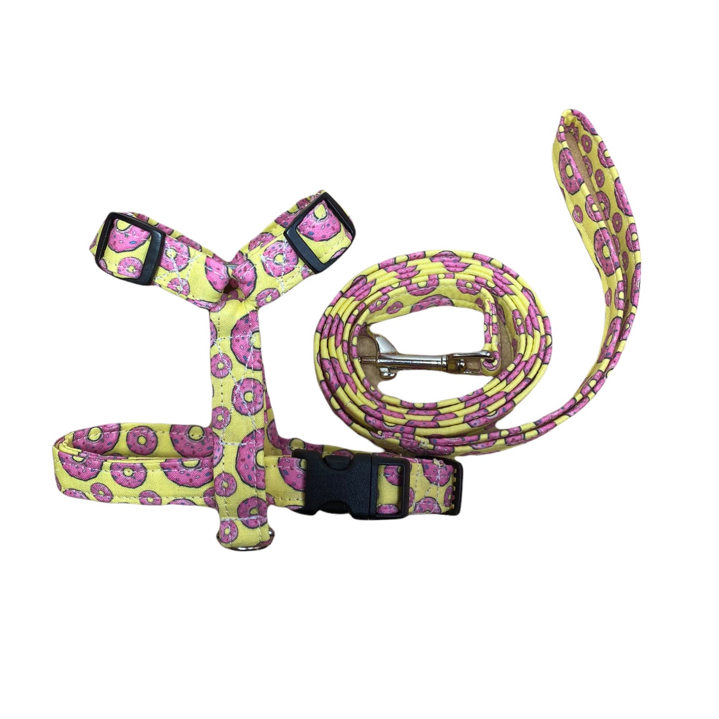 Donut harness and leash set, dog harness and leash set, standard Roman harness, step in harness, yellow, pink, adjustable, washable, donuts