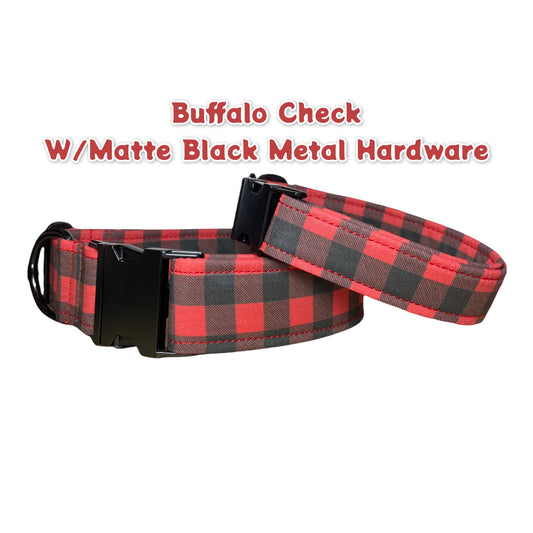Buffalo Check Dog collar, buffalo plaid, metal hardware, adjustable dog collar, dog collar, side release collar, matte black, red, black