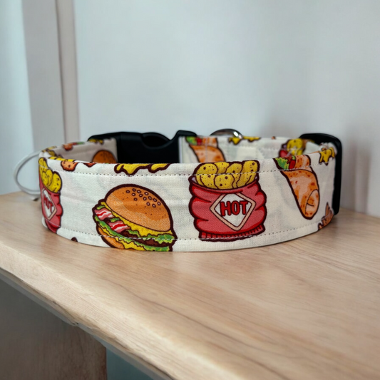 Fast food dog collar,  food collar, handmade side release dog collar: Burgers, Fries, Burritos, chips, and pizza