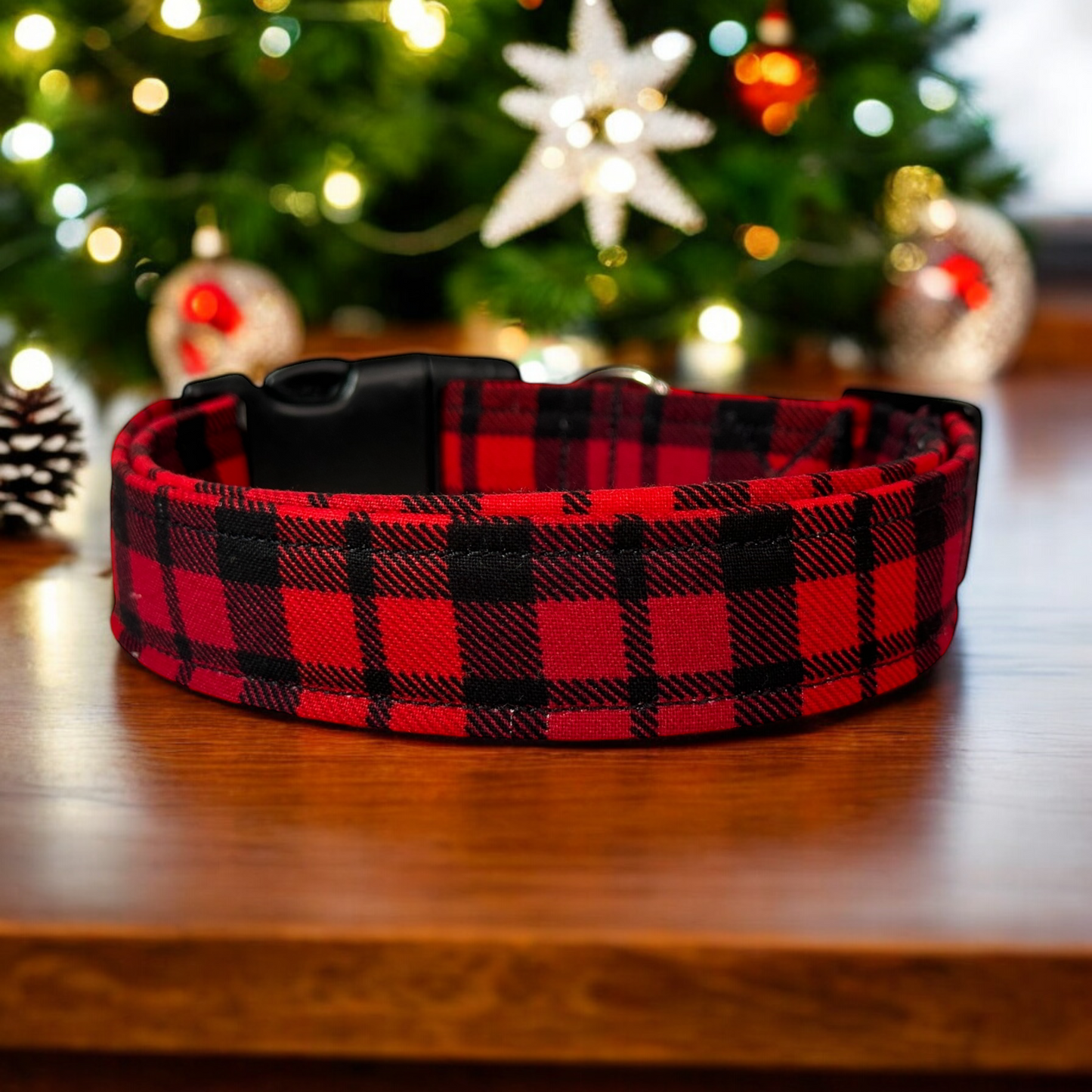 Red and Black Christmas Plaid Dog collar, handmade side release dog collar