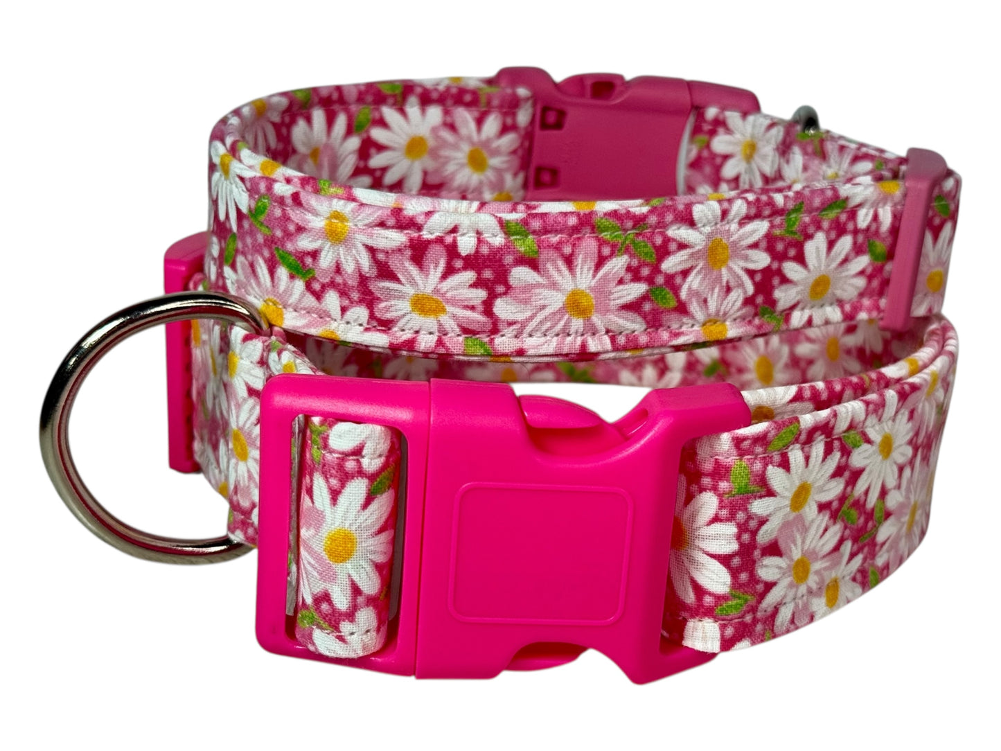 Pink Daisy Floral Handmade dog collar,  Handmade Pet Collar with Heavy-Duty Webbing & Stainless Steel Hardware
