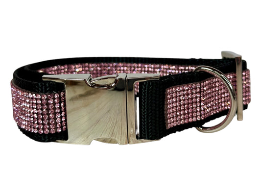 Rhinestone and Webbing Dog collar, Black with Pink Rhinestones and engrave-able silver hardware