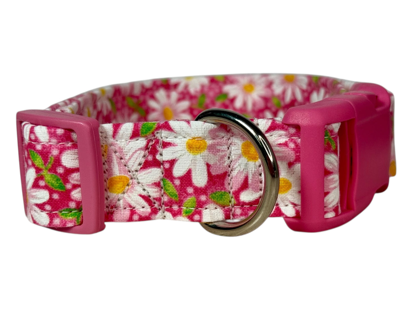 Pink Daisy Floral Handmade dog collar,  Handmade Pet Collar with Heavy-Duty Webbing & Stainless Steel Hardware