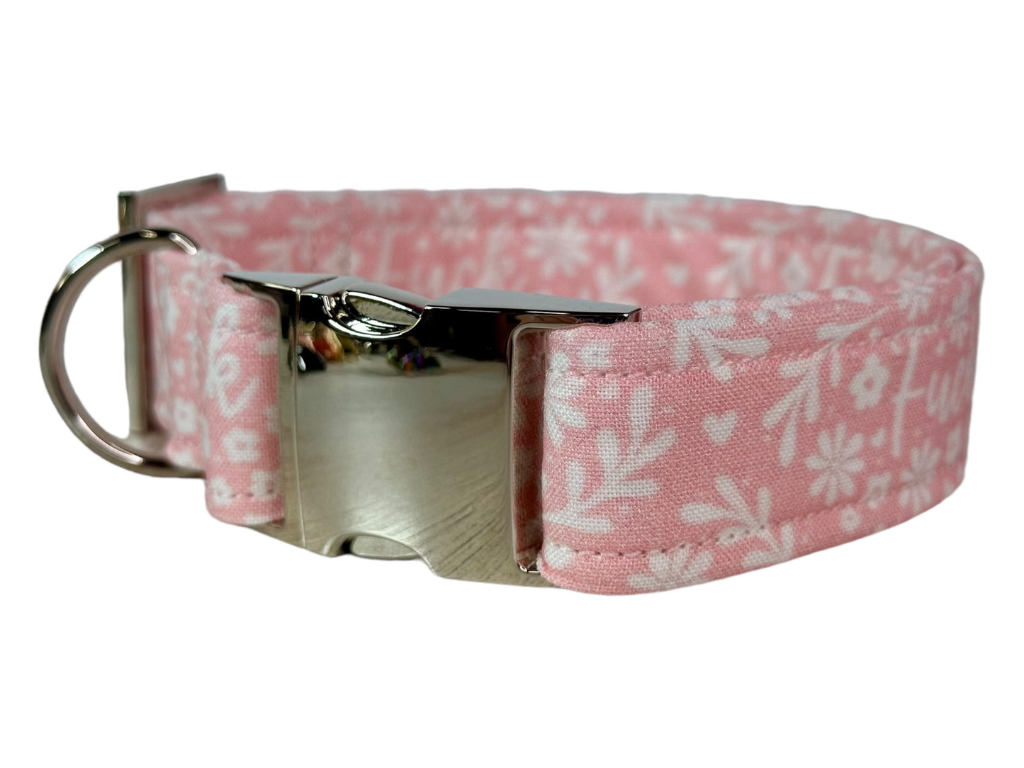 Pink Floral “Fuck” dog collar - Personalized Engraved Dog collar - Metal Side release dog collar