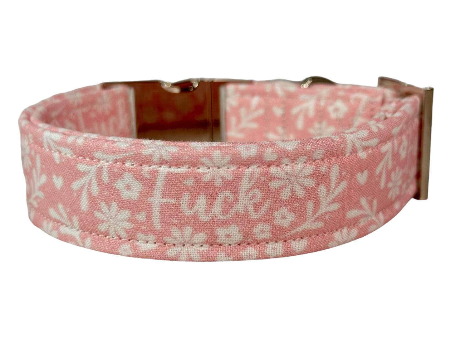 Pink Floral “Fuck” dog collar - Personalized Engraved Dog collar - Metal Side release dog collar