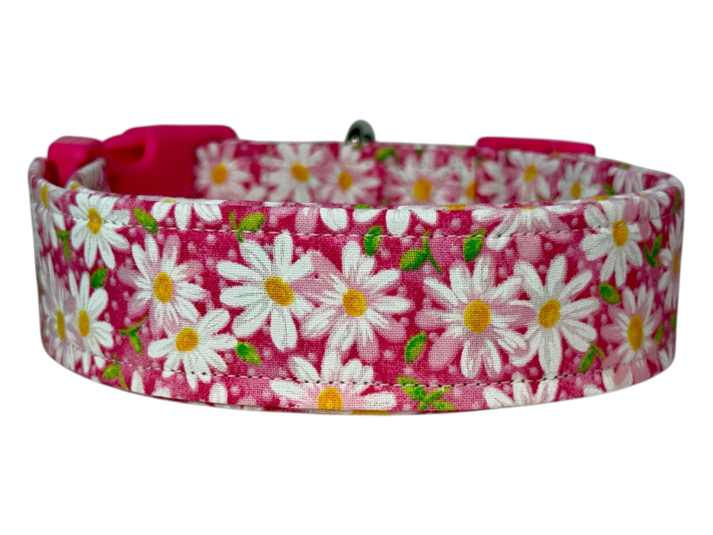 Pink Daisy Floral Handmade dog collar,  Handmade Pet Collar with Heavy-Duty Webbing & Stainless Steel Hardware