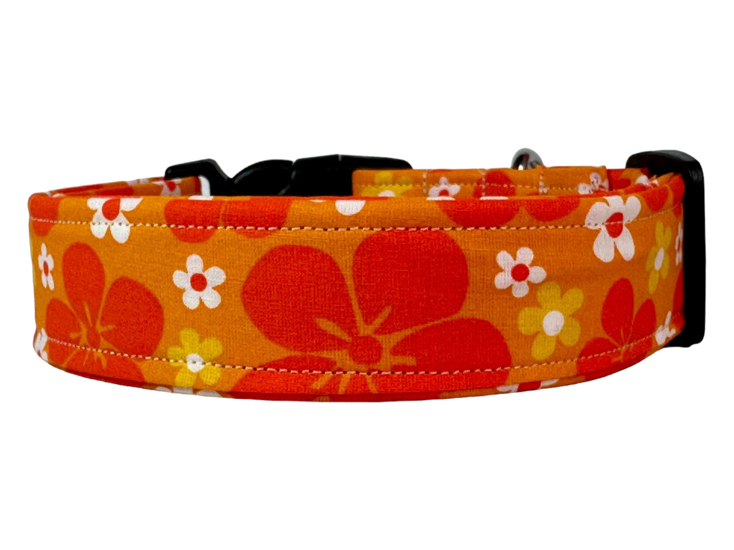 Orange tropical flower dog collar, handmade side release adjustable dog collar