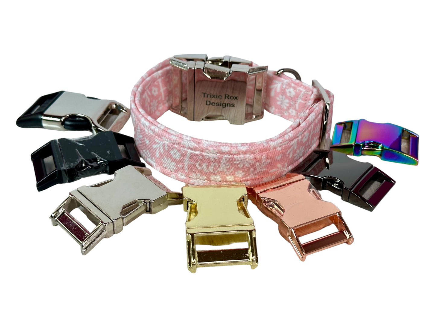 Pink Floral “Fuck” dog collar - Personalized Engraved Dog collar - Metal Side release dog collar