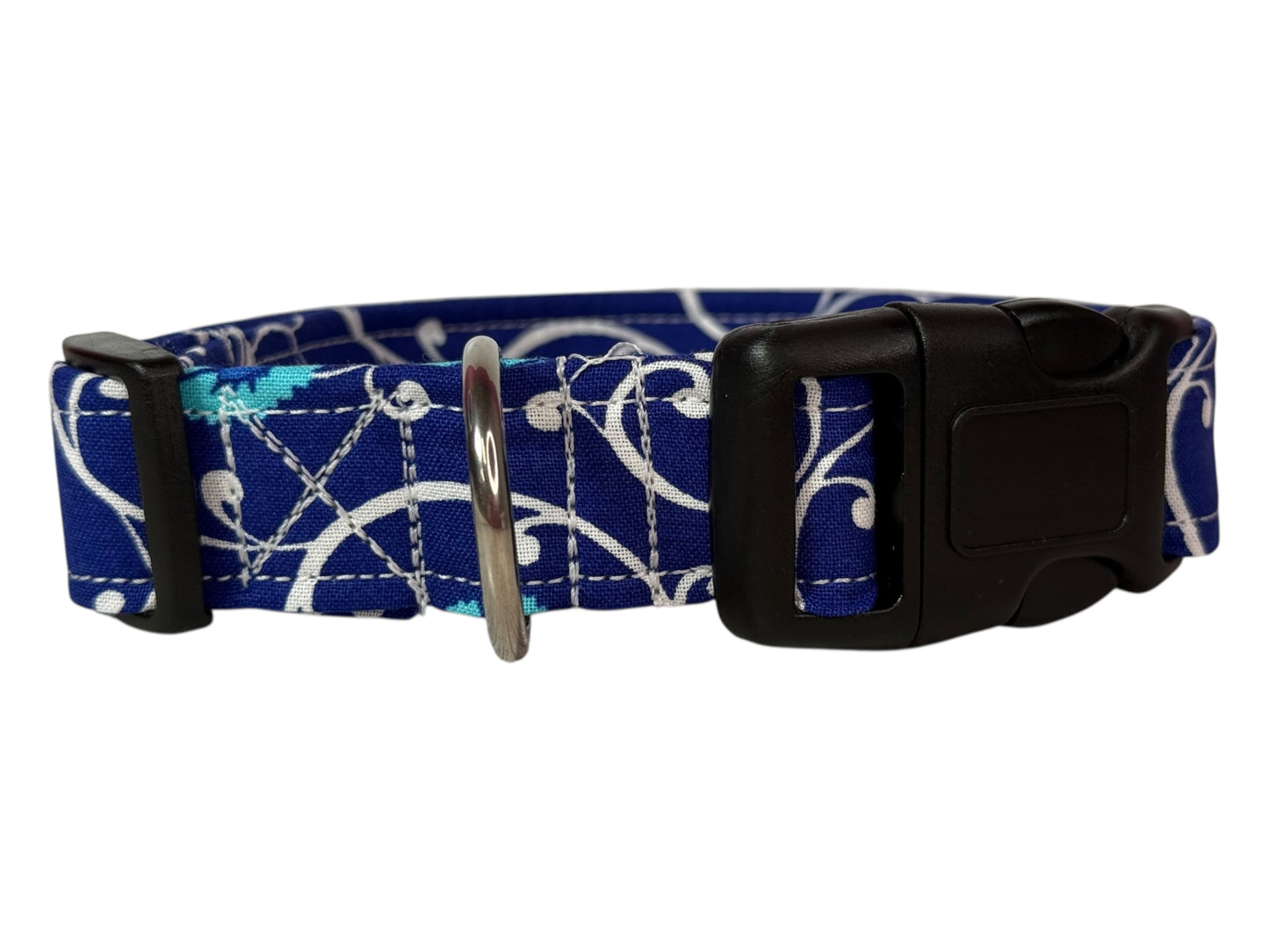 Blue and White Floral Handmade dog collar,  Handmade Pet Collar with Heavy-Duty Webbing & Stainless Steel Hardware