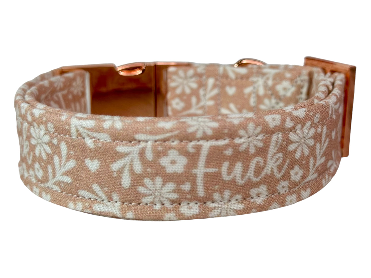 Beige Floral “Fuck” dog collar - Personalized Engraved Dog collar - Metal Side release dog collar