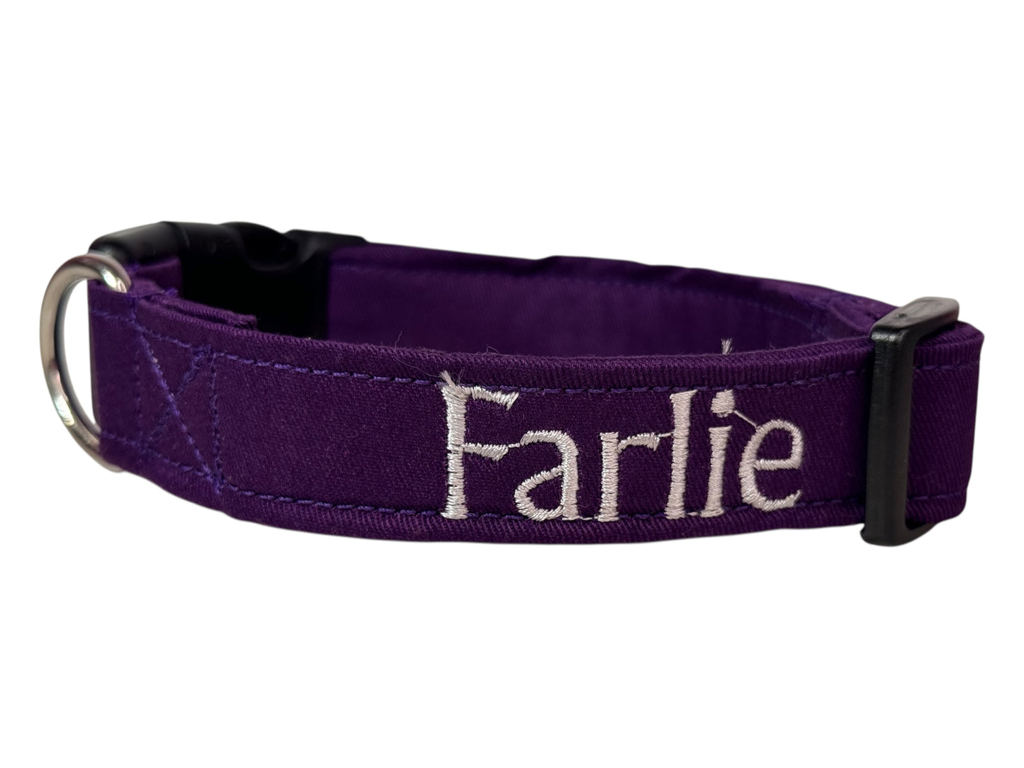 Purple embroidered cotton canvas side release adjustable dog collar, handmade, washable, personalized