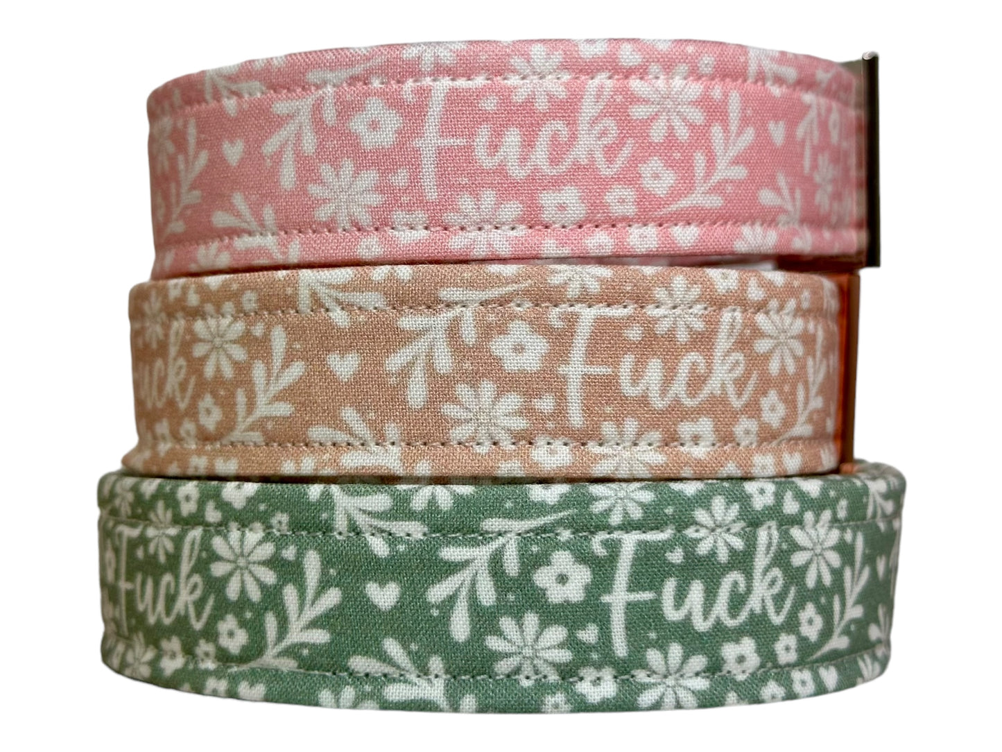 Beige Floral “Fuck” dog collar - Personalized Engraved Dog collar - Metal Side release dog collar