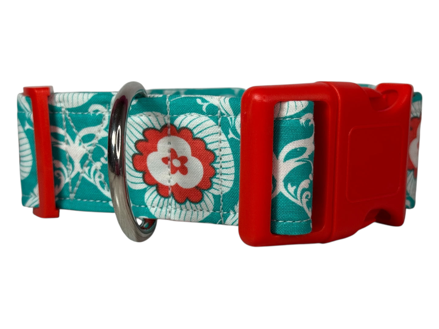 Turquoise and Orange Floral Handmade dog collar,  Handmade Pet Collar with Heavy-Duty Webbing & Stainless Steel Hardware