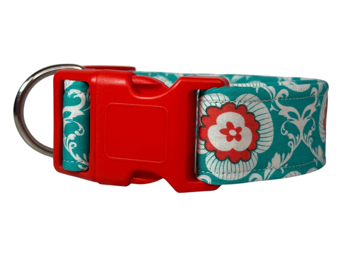 Turquoise and Orange Floral Handmade dog collar,  Handmade Pet Collar with Heavy-Duty Webbing & Stainless Steel Hardware