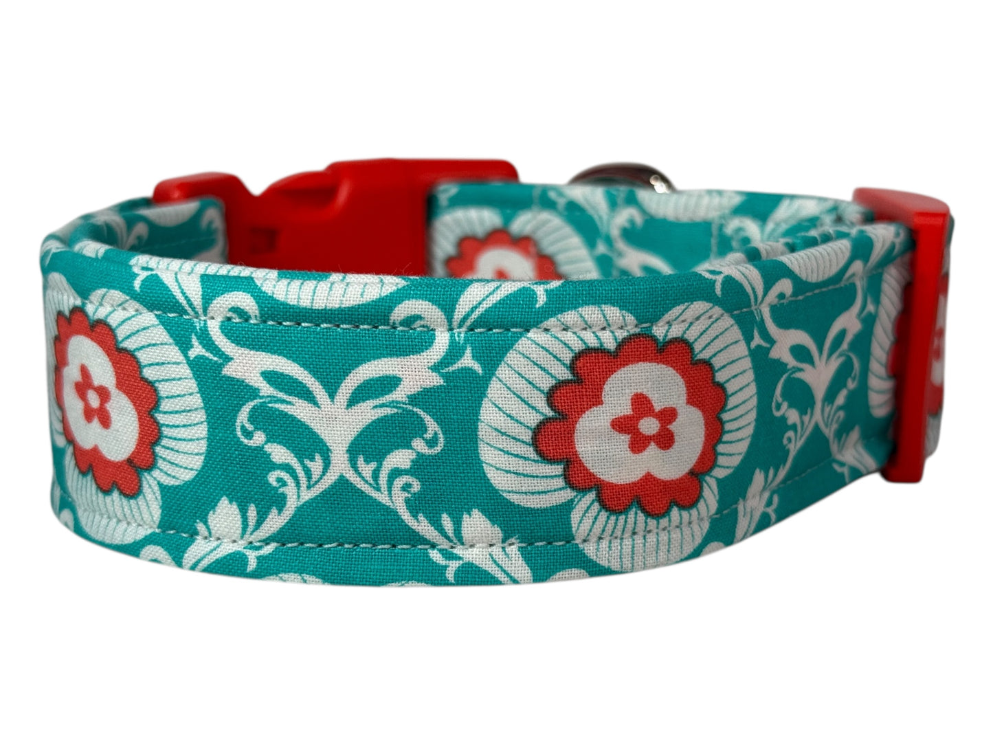 Turquoise and Orange Floral Handmade dog collar,  Handmade Pet Collar with Heavy-Duty Webbing & Stainless Steel Hardware