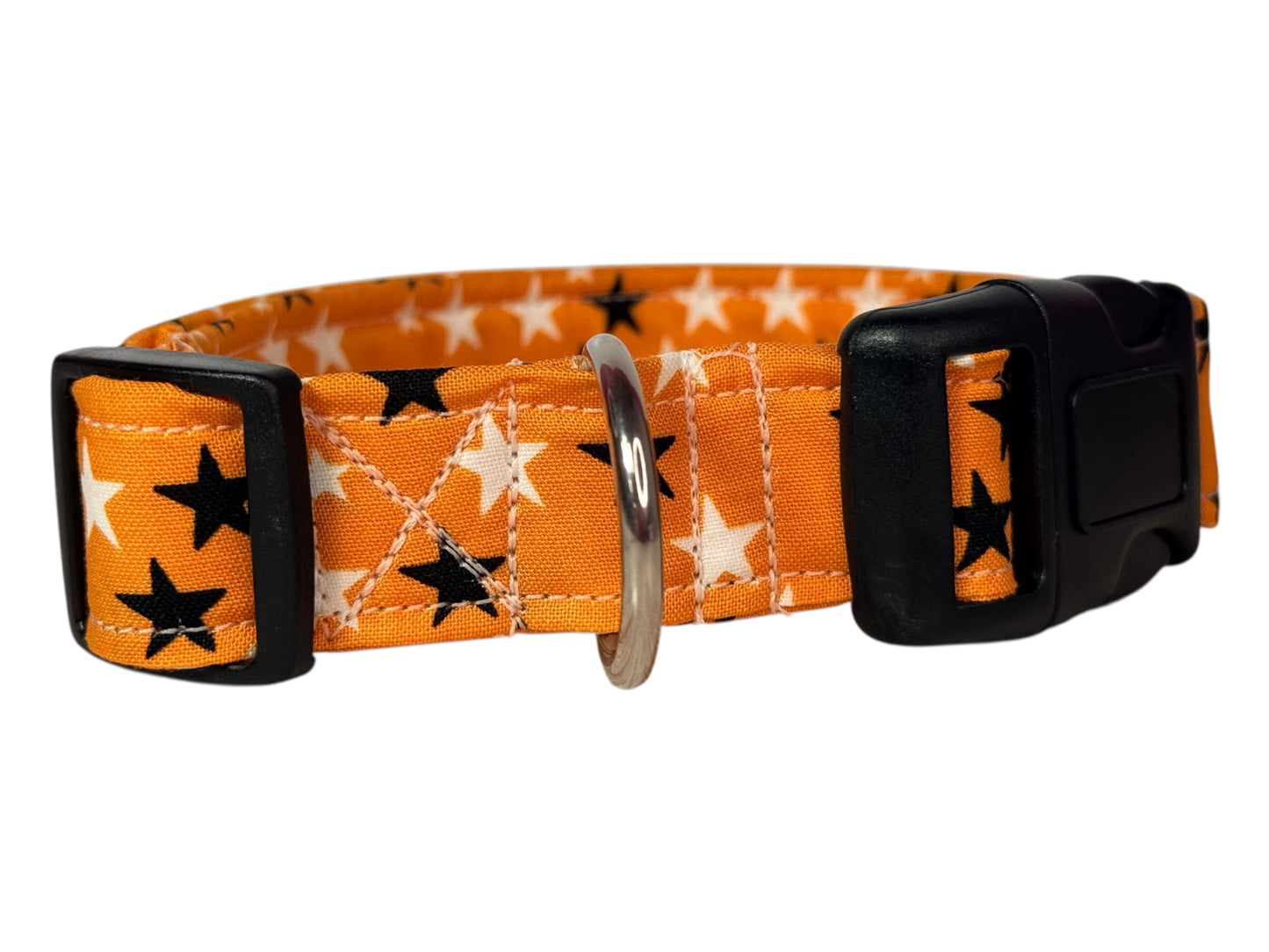 Black and white stars on Orange Handmade dog collar,  Handmade Pet Collar with Heavy-Duty Webbing & Stainless Steel Hardware