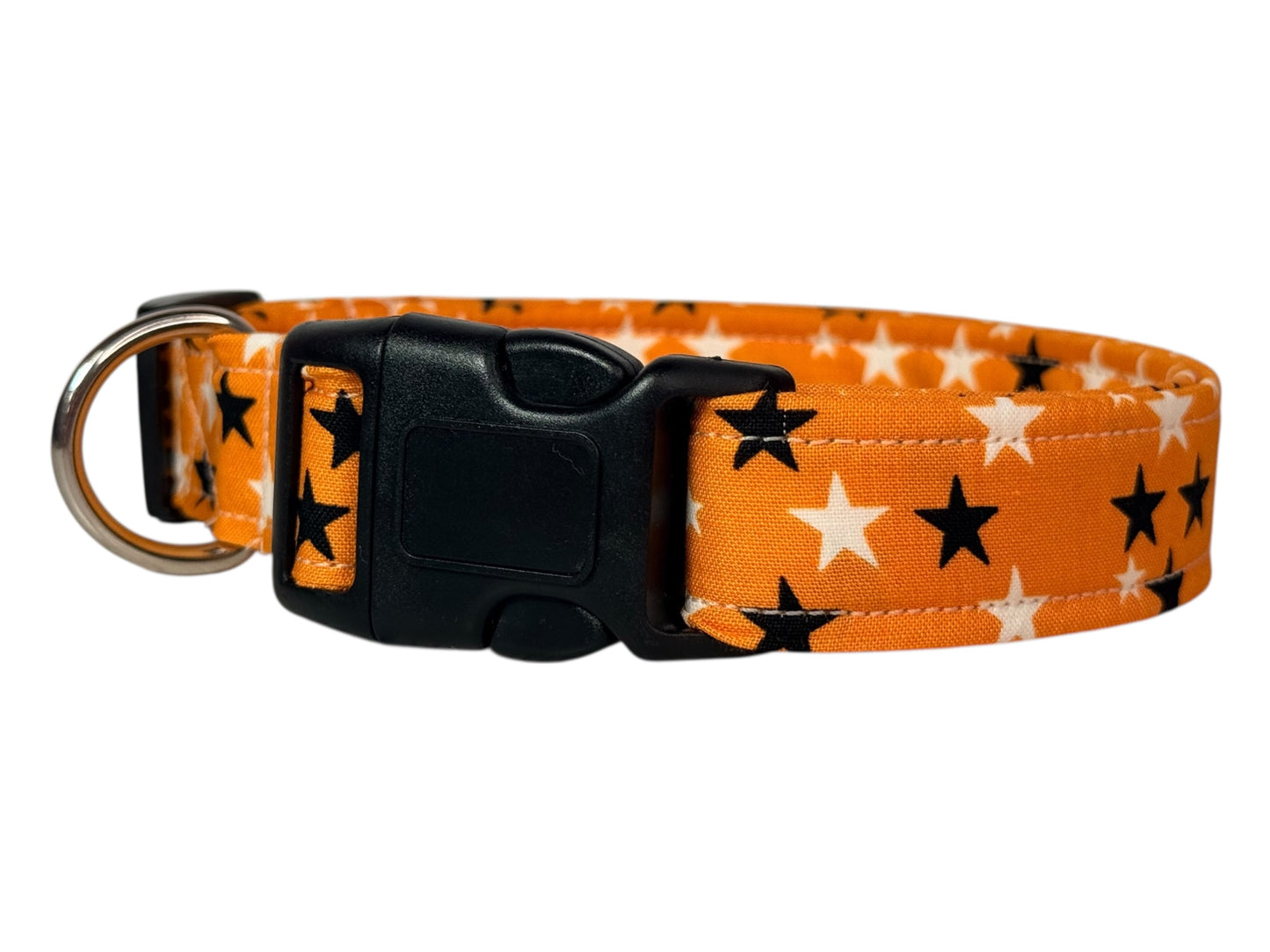 Black and white stars on Orange Handmade dog collar,  Handmade Pet Collar with Heavy-Duty Webbing & Stainless Steel Hardware