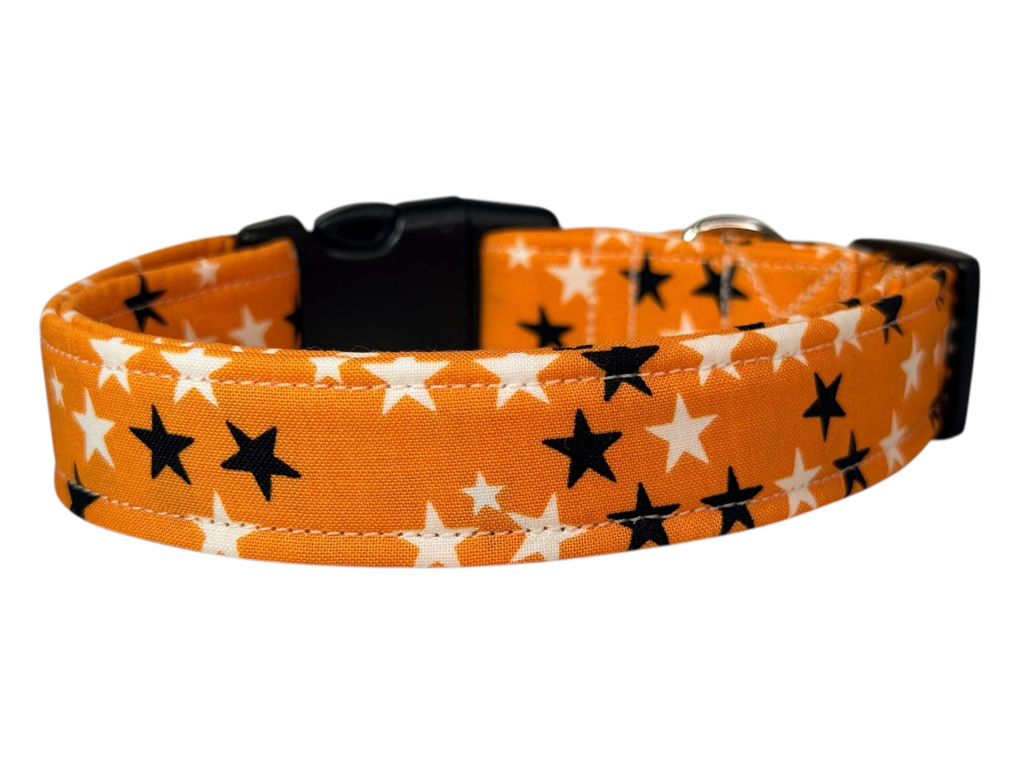 Black and white stars on Orange Handmade dog collar,  Handmade Pet Collar with Heavy-Duty Webbing & Stainless Steel Hardware