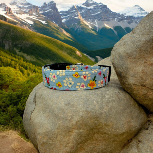 Tropical floral and paw print dog collar, handmade side release adjustable collar.