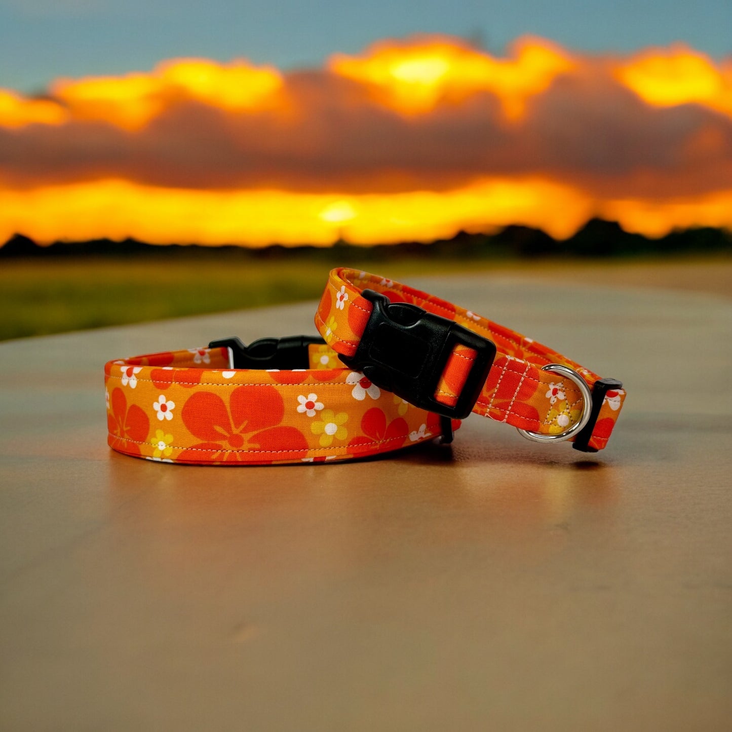 Orange tropical flower dog collar, handmade side release adjustable dog collar