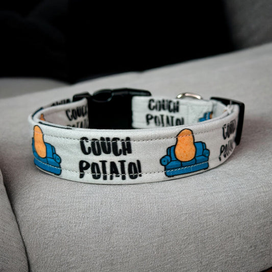 Couch potato dog collar, (Gray) standard adjustable side release - handmade