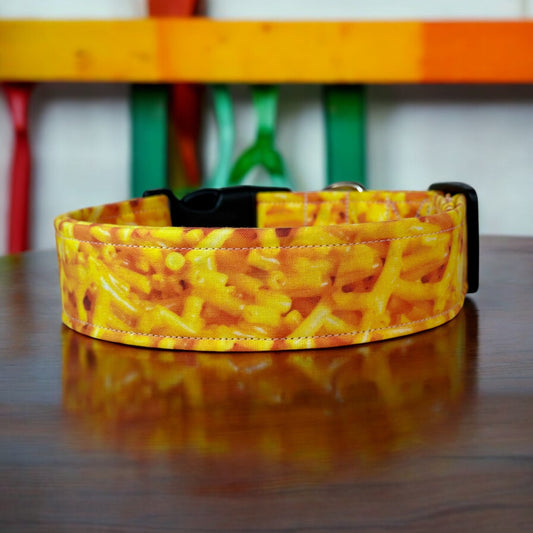 Macaroni and Cheese dog collar, handmade side release adjustable fabric dog collar
