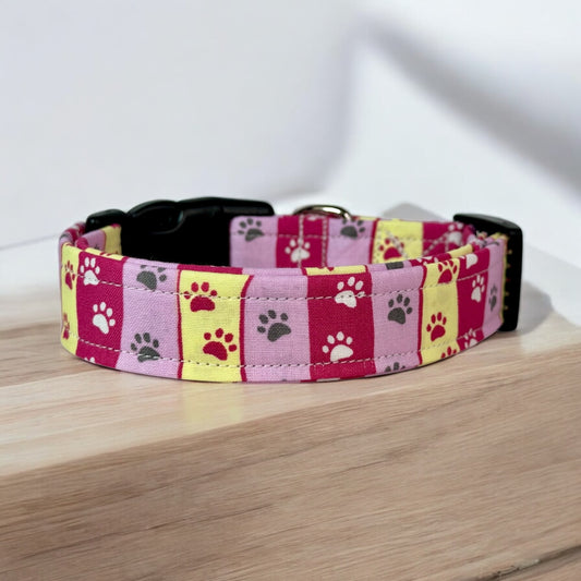 Striped Paw print Dog collar, handmade side release dog collar