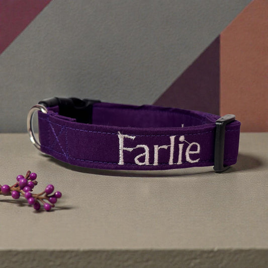 Purple embroidered cotton canvas side release adjustable dog collar, handmade, washable, personalized