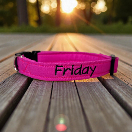 Pink embroidered cotton canvas side release adjustable dog collar, handmade, washable, personalized