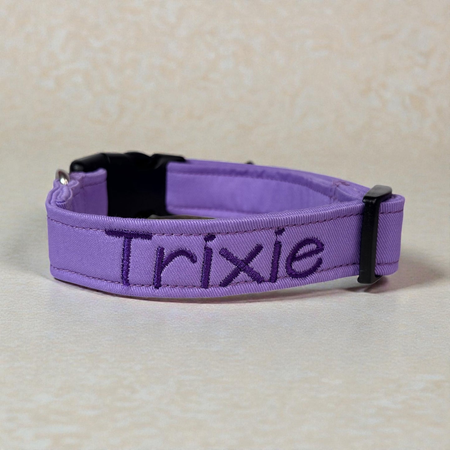 Lavendar embroidered cotton canvas side release adjustable dog collar, handmade, washable, personalized