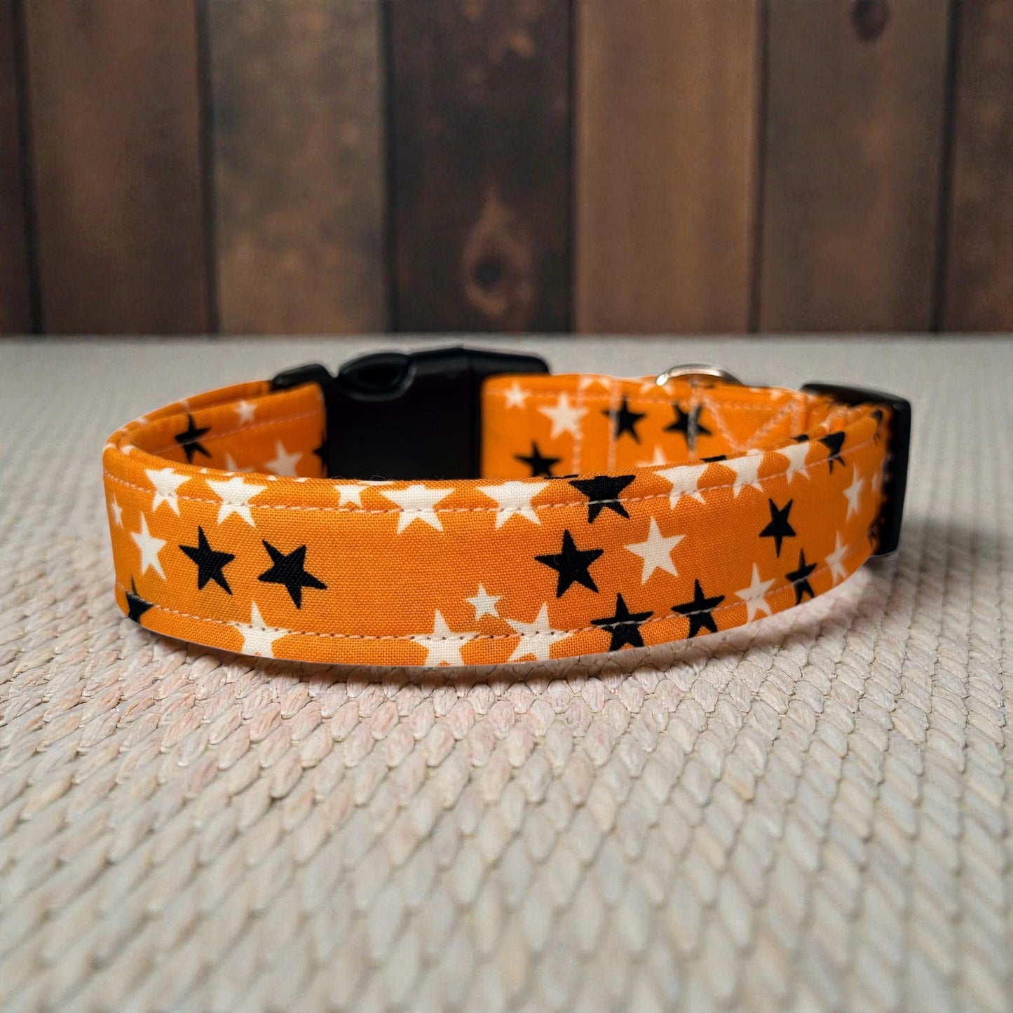 Black and white stars on Orange Handmade dog collar,  Handmade Pet Collar with Heavy-Duty Webbing & Stainless Steel Hardware