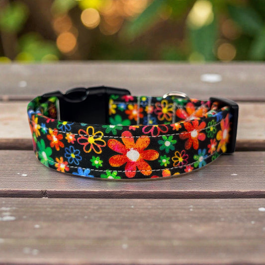 Rainbow Floral Handmade dog collar,  Handmade Pet Collar with Heavy-Duty Webbing & Stainless Steel Hardware