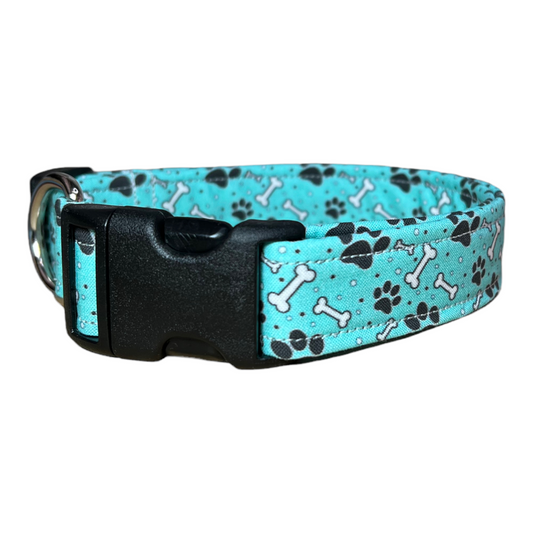 Paw print and bone dog collar, paw print dog collar, quick release dog collar, washable, adjustable, fabric dog collar