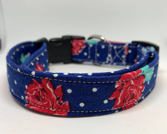 Dog Collar, girl dog collar, floral dog  collar, side release collar, adjustable collar, buckle dog collar, blue, polka dots, roses, rose