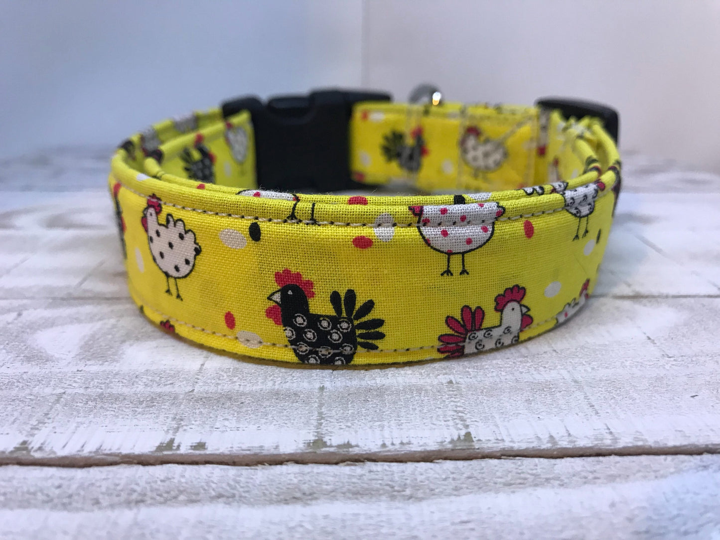 Chicken dog collar, funny dog collar, yellow dog collar, side release collar, adjustable, washable, fabric dog collar, chickens, yellow