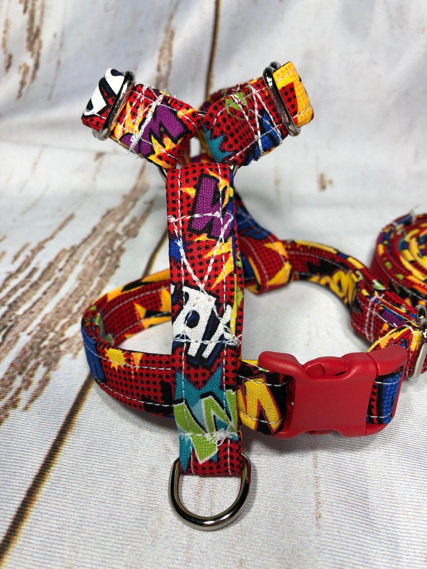 Comic book dog harness and leash set, matching leash, standard roman dog harness, step in dog harness, handmade dog harness, adjustable pet harness, washable pet harness