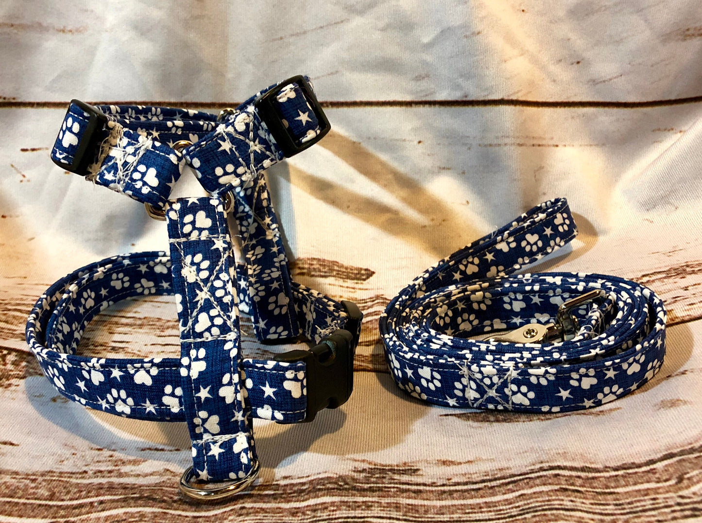 Dog harness, Harness and leash, step in harness, standard harness, dog harness set, patriotic, paw print, denim blue, stars, paws