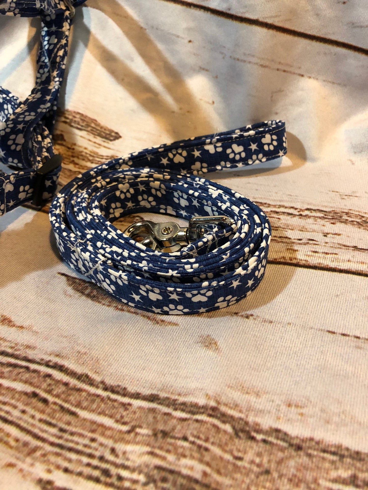 Dog harness, Harness and leash, step in harness, standard harness, dog harness set, patriotic, paw print, denim blue, stars, paws