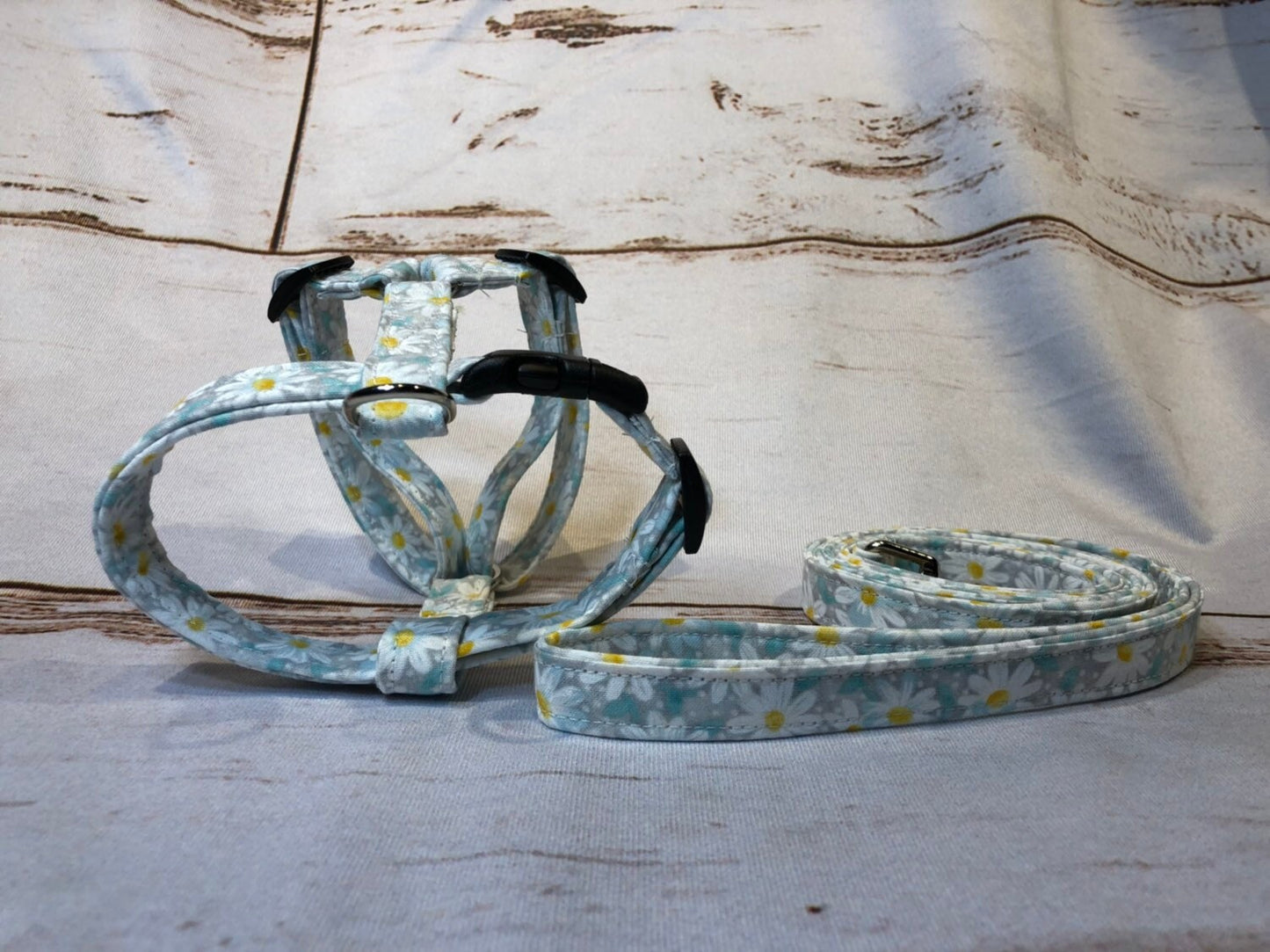 Dog harness, harness and leash, girl dog harness, dog halter, leash, step in harness, standard harness, daisy harness, daisies, gray, floral