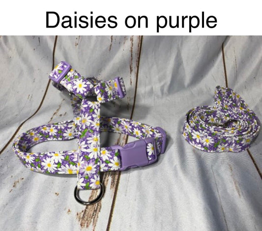 Dog harness, Harness and leash, step in harness, standard harness, dog harness set, adjustable harness, daisy dog harness, daisies, purple