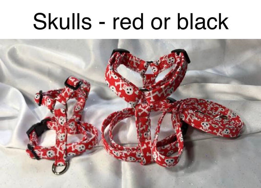 Dog harness, Harness and leash, step in harness, standard harness, dog harness set, adjustable, boy, skull dog harness, skulls, red, black