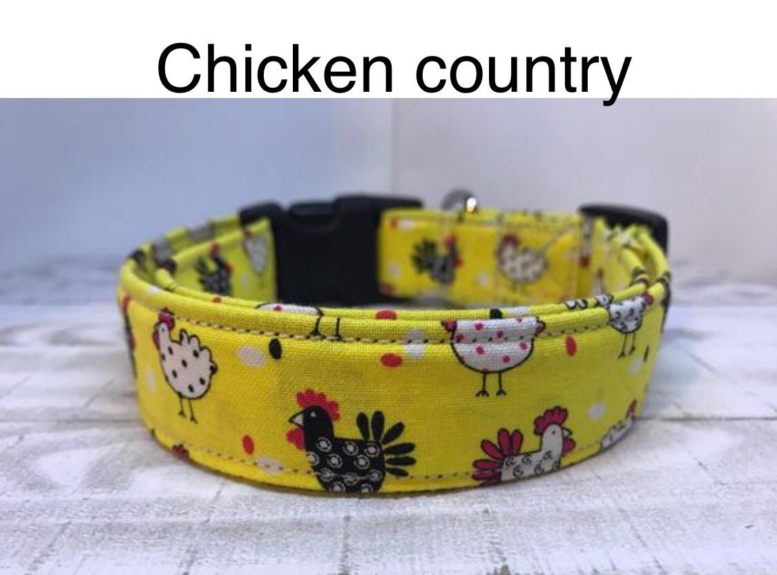 Chicken dog collar, funny dog collar, yellow dog collar, side release collar, adjustable, washable, fabric dog collar, chickens, yellow