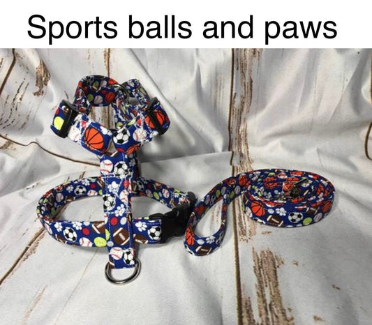 Dog harness, Harness and leash, step in harness, standard harness, dog harness set, adjustable harness, sports, balls, paws, dog balls, blue