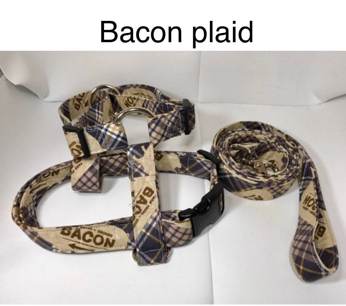 Dog harness, Harness and leash, step in harness, standard harness, dog harness set, dog harness bacon, bacon plaid, bacon, plaid, pig, brown