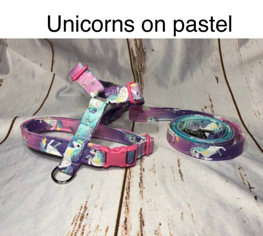 Dog harness, Harness and leash, step in harness, standard harness, dog harness set, unicorn dog harness, unicorn, pink, purple, blue