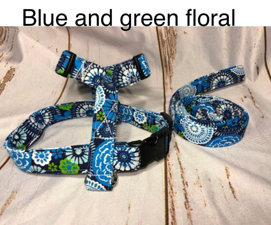 Dog harness, Harness and leash, step in harness, standard harness, dog harness set, floral harness, adjustable, floral, blue, green, flowers