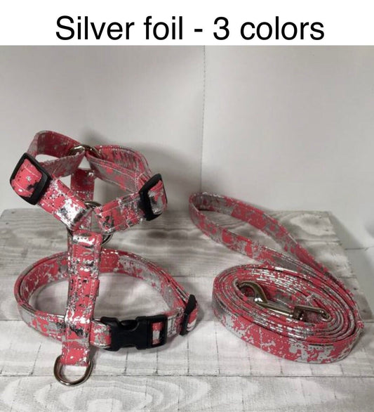 Dog harness, harness and leash, step in harness, standard harness, dog harness set, adjustable harness, silver foil, pink, blue, purple