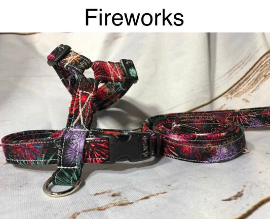 Dog harness, Harness and leash, step in harness, standard harness, dog harness set, adjustable harness, fireworks, patriotic, Fourth of July